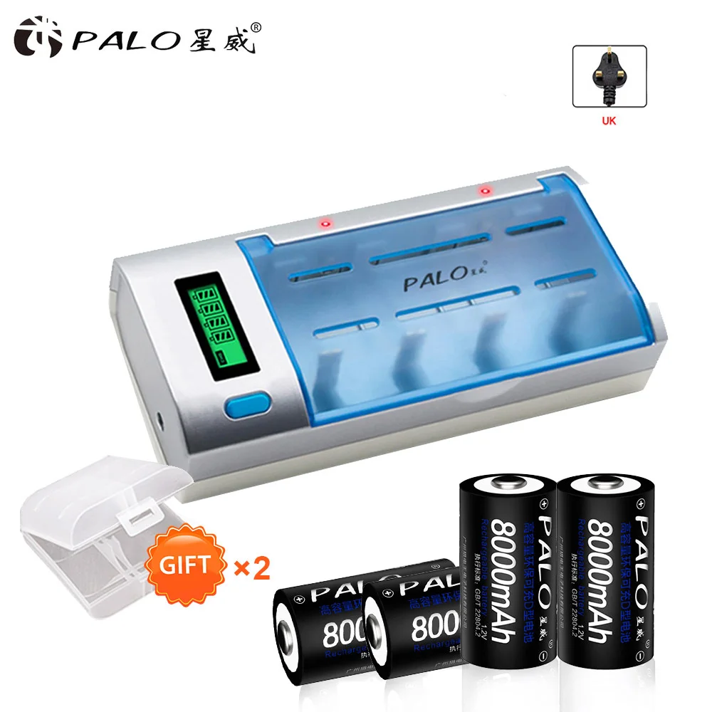 ЖК-дисплей зарядное устройство для AA/AAA/SC/C/D/9 V батарея+ 4 шт nimh 8000 mah аккумуляторная батарея D - Цвет: UK Plug