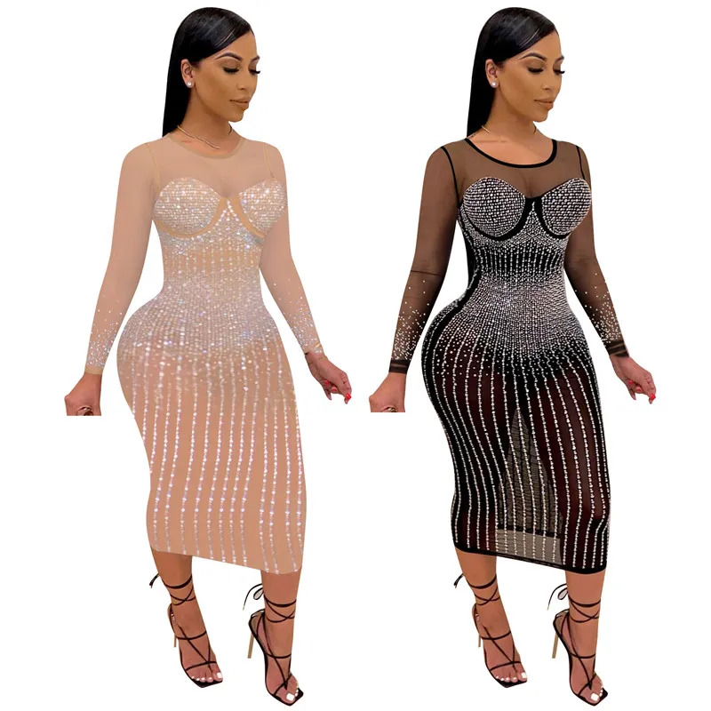 

KEXU Diamonds Dress Mesh See-through Skinny Party Vestidos Sexy Night Evening Women Dresses Plus Size S-5XL Autumn Outfit
