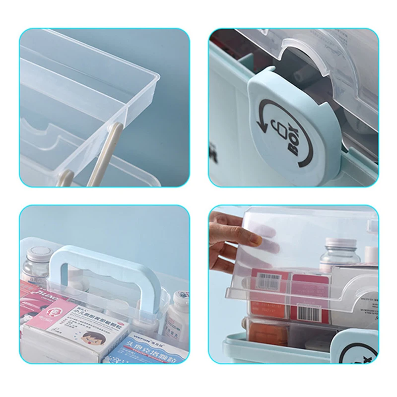 

Medicine Box First Aid Storage Box 3 Layers Large Capacity Sundries Organizer Multi-Functional Family Emergency Kit Blue/Pink/W
