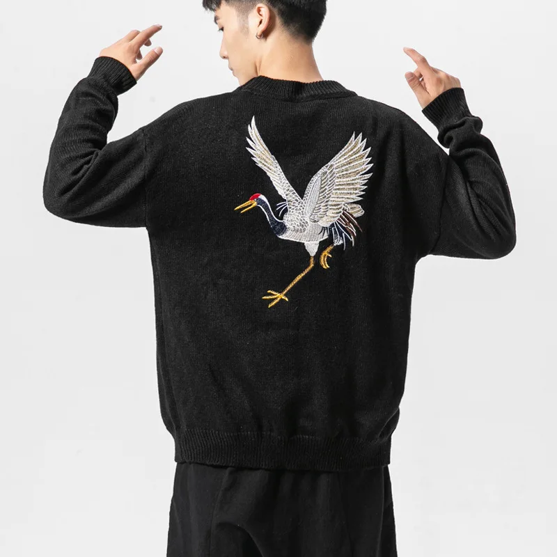 Couples Japanese Harajuku Crane Print Haori Knitted Sweater Men Chinese Style Embroidered Tops Fashion Casual Shirts Home Blouse |