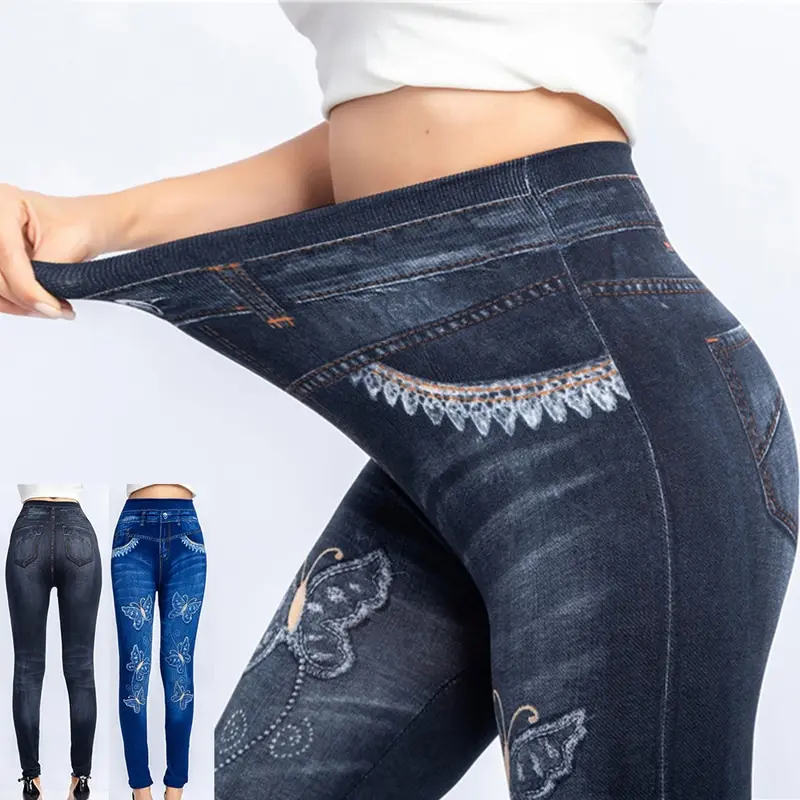 

2021 Women High Waist Fake Jeans Leggings Butterfly Print Ankle Length Pants Super Stretchy Skinny Imitation Jeans Leggings