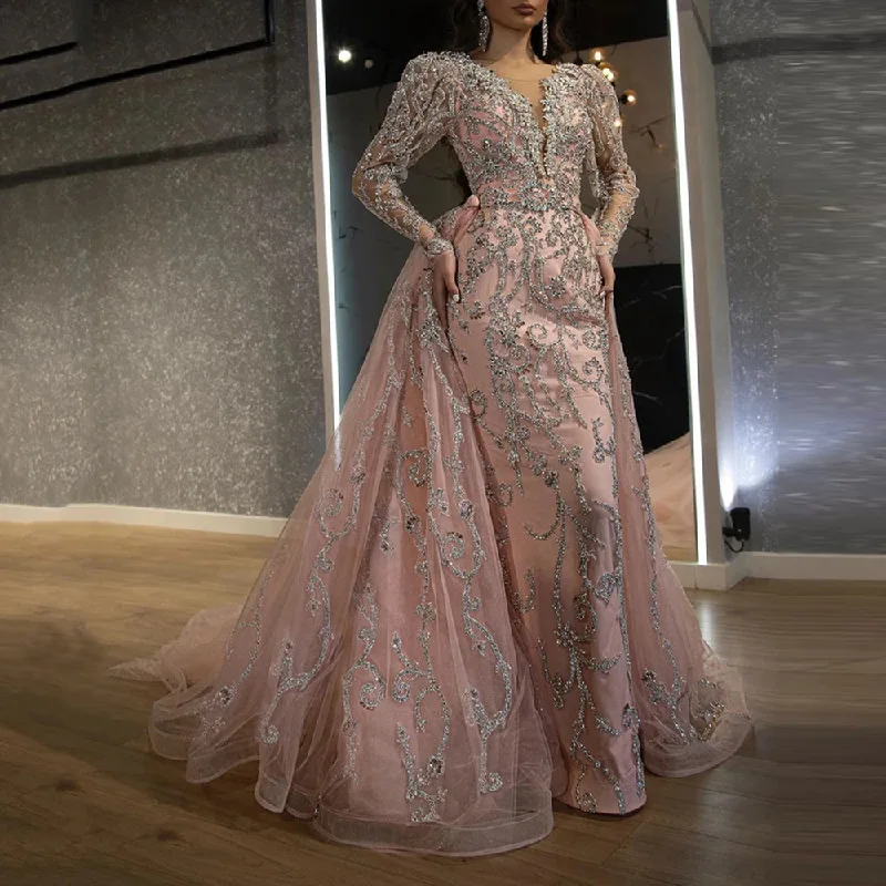 

2021 spring new European and American sexy hips tail long evening dress pink sequined V-neck sand gold dress