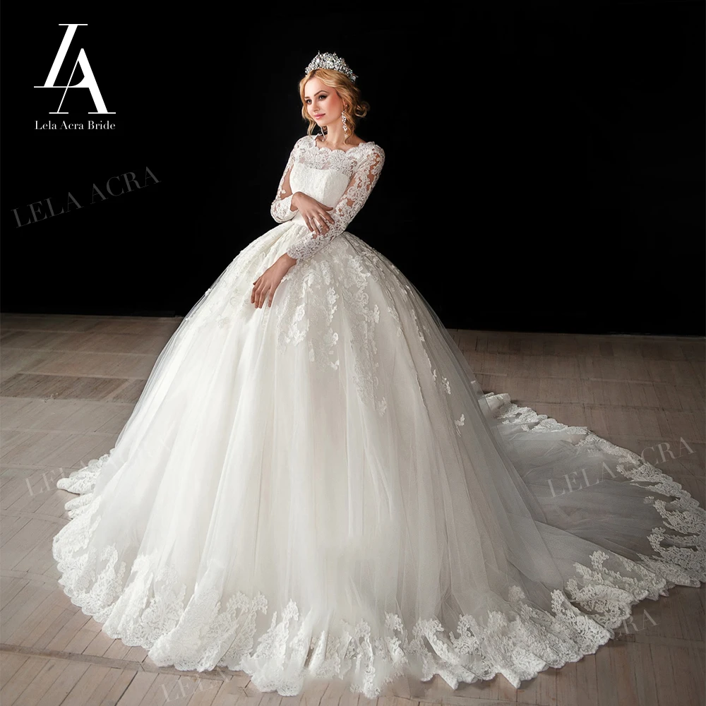 

Elegant Appliques Lace Wedding Dress Long Sleeve Ball Gown Bridal Illusion Princess Court Train LelaAcra ER26 Vestido De Novia