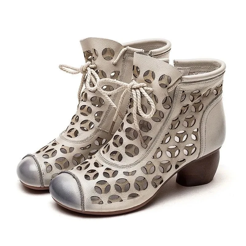 

High Quality Beige Summer Leather Boots Women's Med-heeled Vintage Shoes Ladies Round Toe Cut Out Hole Ankle Boots Thick Heels