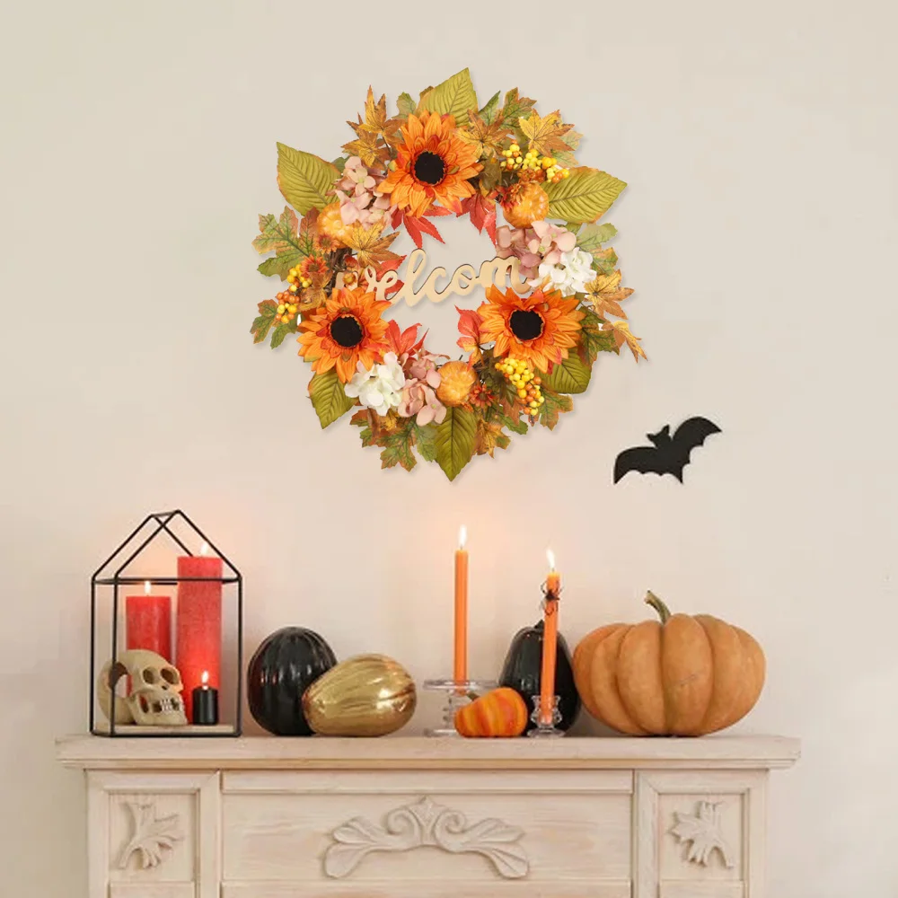 

Letter Card Door Hanger Autumn Thanksgiving Decorations Garland Garden Ornament Lifelike Artificial Sunflower Pumpkin Wreath