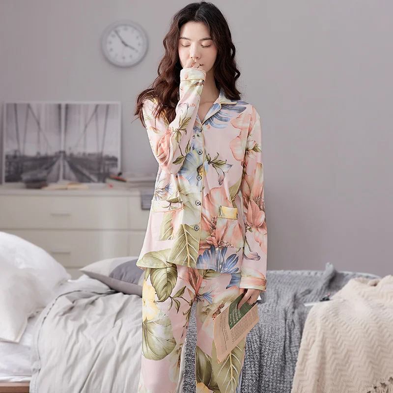 

Autumn Knitted Cotton Women Pajamas Floral Pyjamas Womens Long Sleeve Turn-down Collar Casual Sleepwear Set Plus Size Pijamas