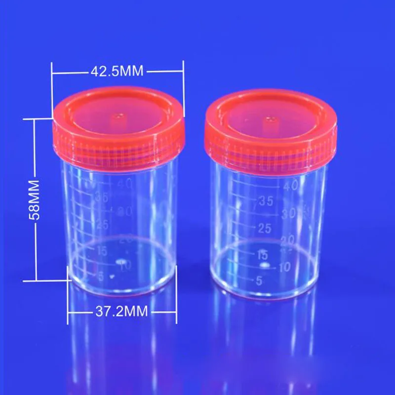 

5 Bottles of Urine Container Sample Cup Stationery Experiment 40ml / 60ml Volume Molded Exhaust Ml and Oz PP EO Sterile Red Lid