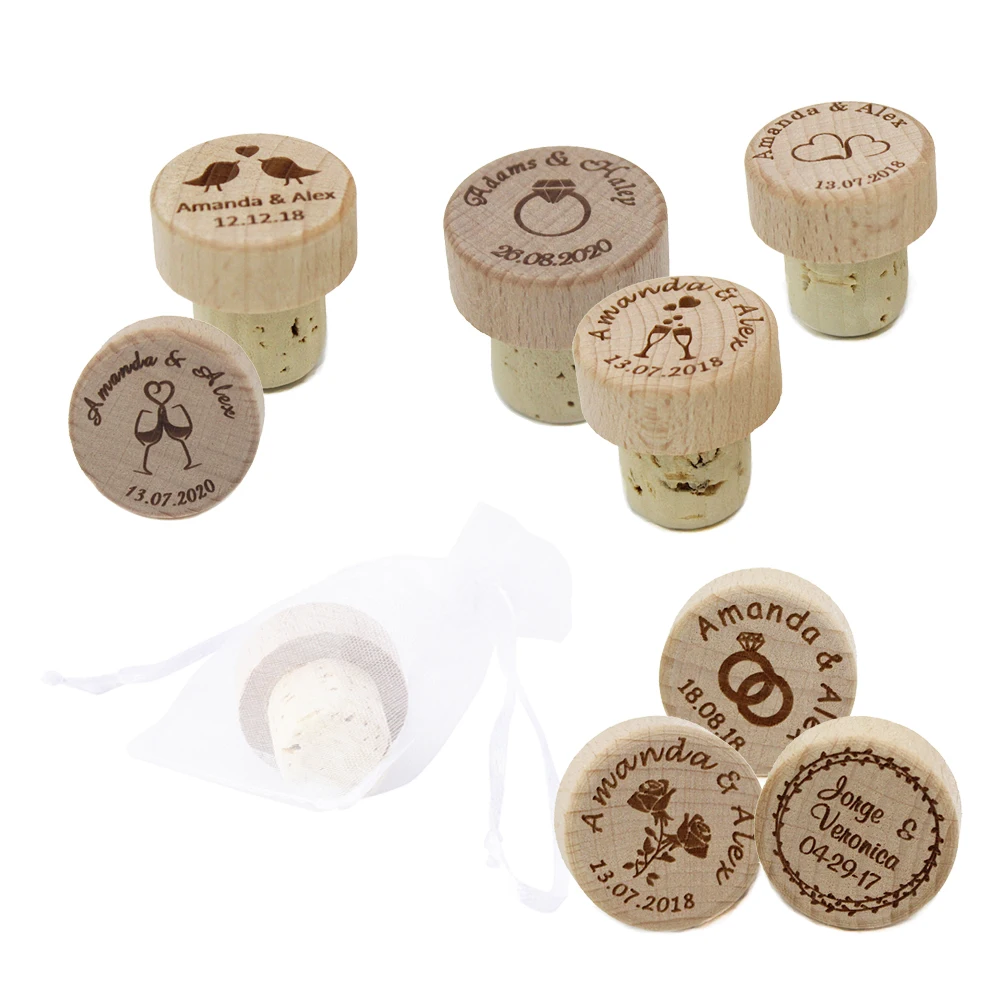 100pcs Personalized Engraved Wood Wine Stopper Laser Cork Bottle Toppers Gift stopper Wedding Party Logo Decor Favor Cheers Name