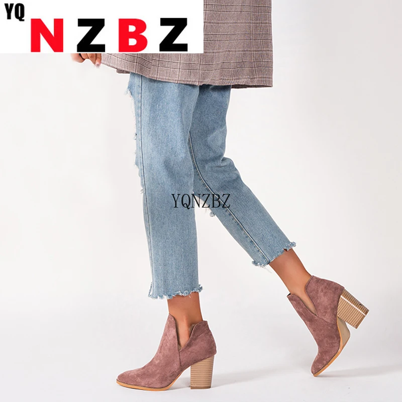 

YQNZBZ Women Designer Ankle Elegant Boots Low High Heels 8cm Zipper Short Quality Boots Shoes SIZE 36-43