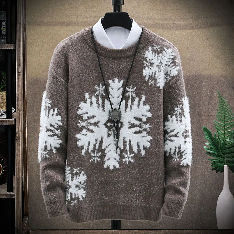 

Print Sweaters Men Long-Sleeve Korean Style Round Neck Slim Fit Thickening Warm Winter New Casual Knitting Tops Male Pullover