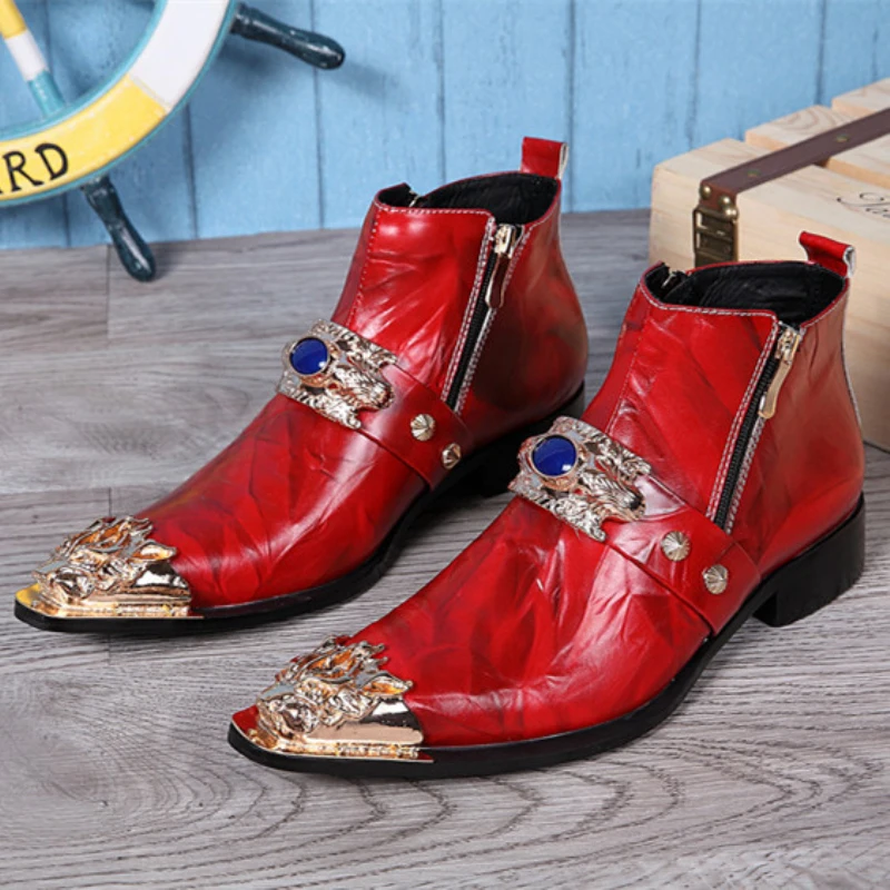 Winter Fashion Men Boots Red Metal Decoration Party Dress Nightclub Prom Leather Shoes Big Size Motorcycle Ankle | Обувь