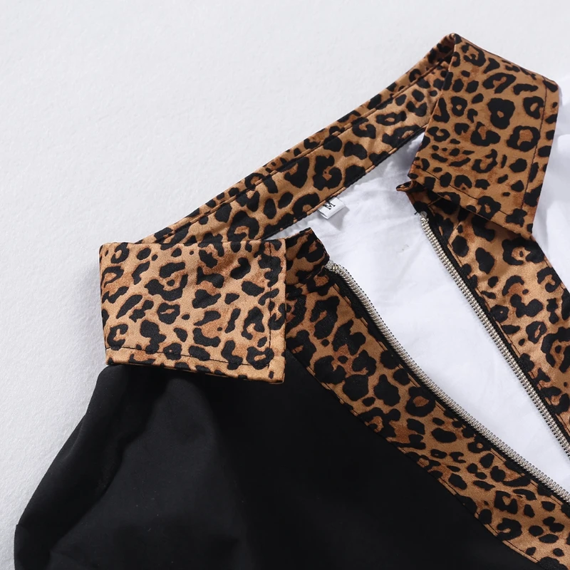 

Women Long Sleeves Zipper Blouses V Neck Black White Stitching Leopard Print Shirt Autumn Casual Slim Tunic Tops