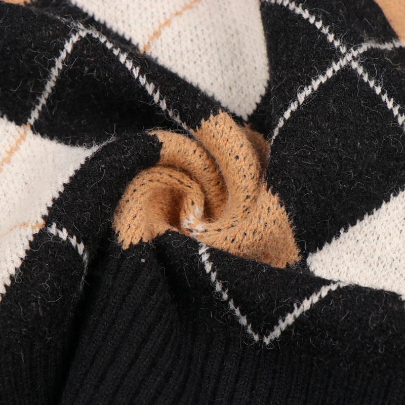 

Women Argyle Sweater Cardigan Vintage Warm Long Sleeve Knitted Pullovers Lady Autumn Winter Casual Korean Style Jersey Mujer