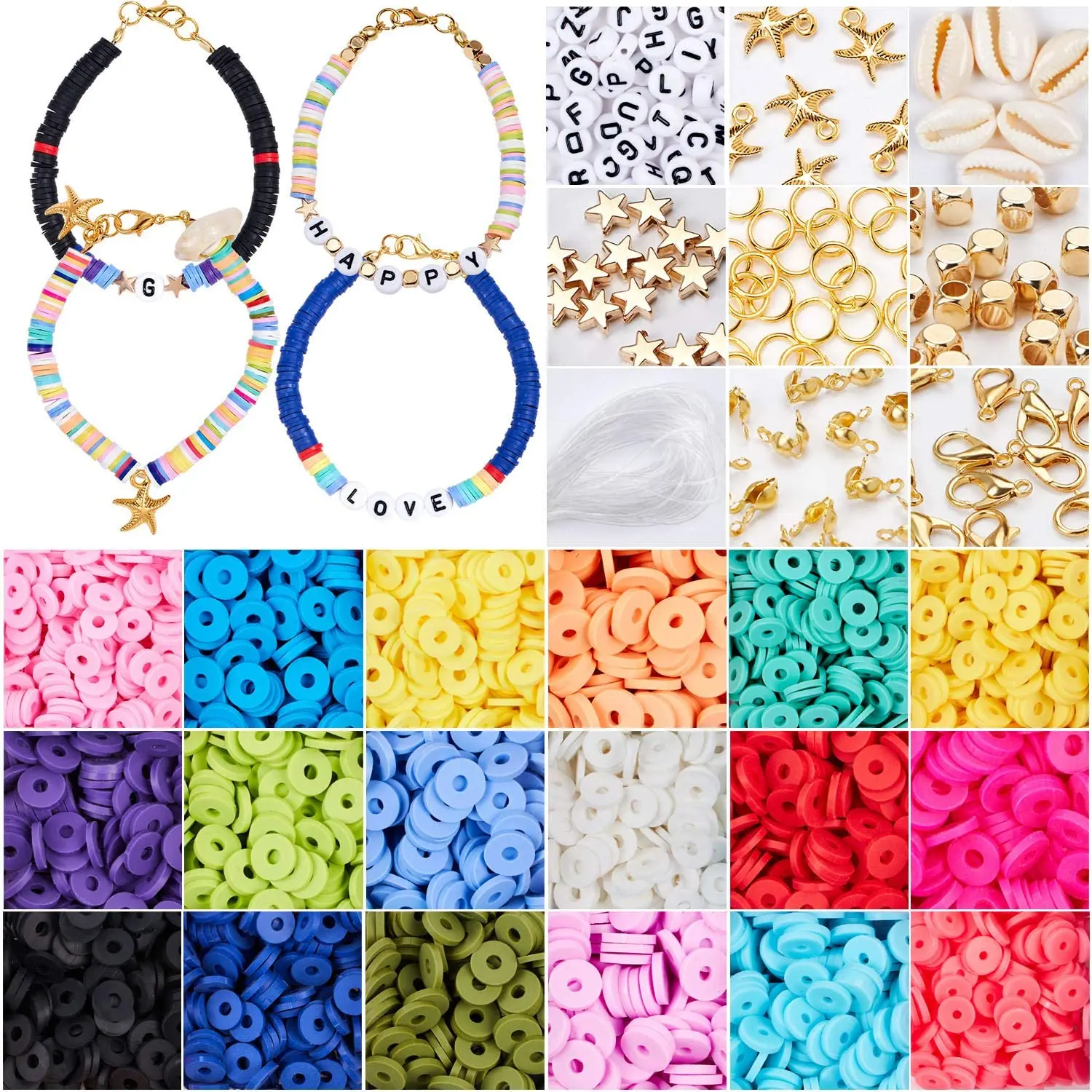 

4800 Pcs Flat Round Polymer Clay Spacer Beads for Jewelry Making Bracelet Necklace Earring DIY Craft Kit with Pendant Jump Rings