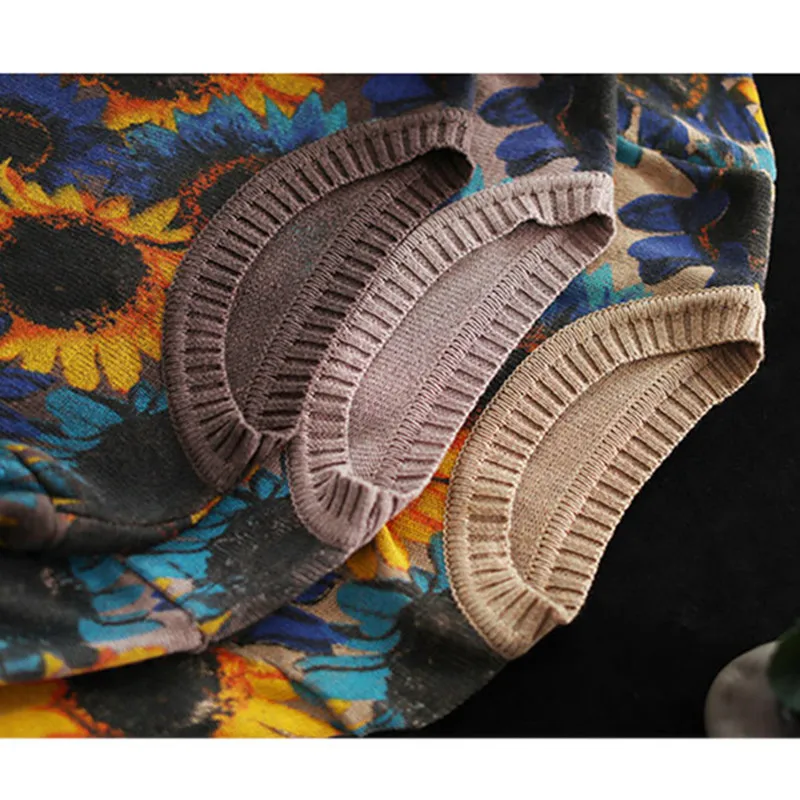 

Knitwear Autumn Winter Knitted Shirt Long Sleeve Loose Spring Sunflower Print Pullover Women Casual O-Neck Femme Sweater Female