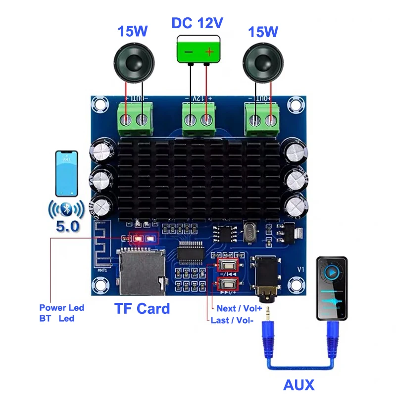 TDA7297 2*15 Вт Bluetooth 5 0 класса AB Плата усилителя стерео двухканальный AUX / TF карта