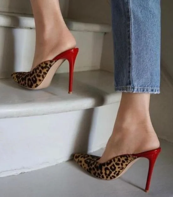 Сексуальные леопардовые туфли с острым носком на высоком каблуке красные
