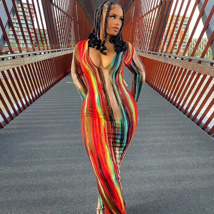 

New Tie Dye Stripe Print Dress Women Long Sleeve Slim Fit Autumn Spring Dress Plus Size Vestidos Night Club Bodycon Dresses 2021