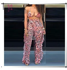 Boho полосатый Печатный комплект из двух частей для женщин с отложным воротником и коротким рукавом, укороченный топ с высокой талией, широкие брюки, повседневные Костюмы