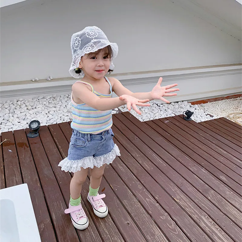 Летние штаны для девочек модные джинсовые шорты с кружевной вышивкой милые брюки