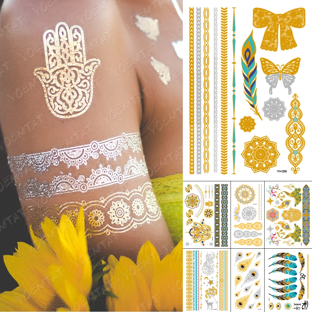 

Waterproof Temporary Tattoo Sticker Metal Gold Silver Eye Bracelet Anchor Feather Flash Tatoo Women Henna Body Art Fake Tatto