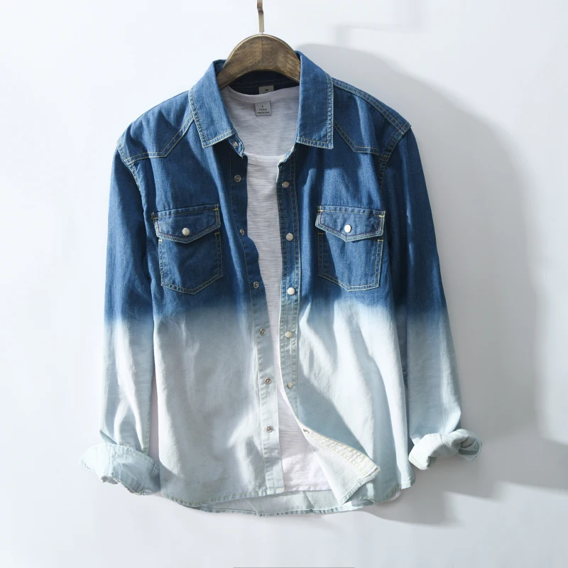 Мужская джинсовая рубашка с градиентом синяя или белая приталенная длинным