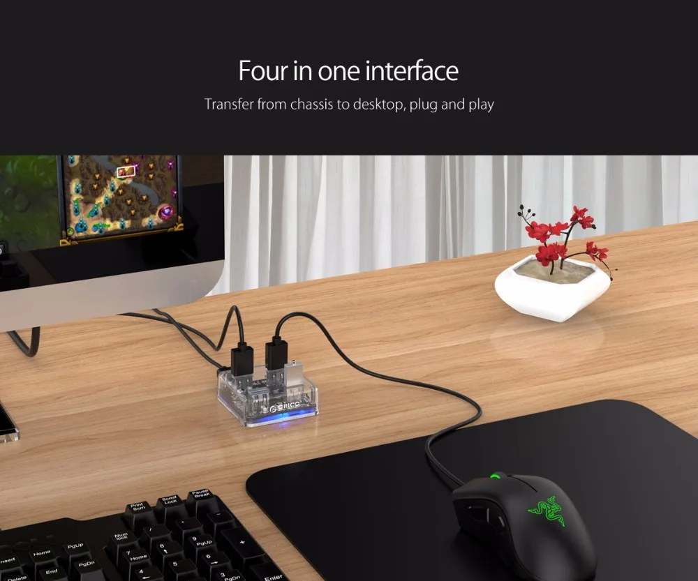 ORICO, 4 порта, USB 3,0, прозрачный Настольный концентратор, адаптер, высокоскоростной USB разветвитель, поддержка OTG с интерфейсом питания Micro USB