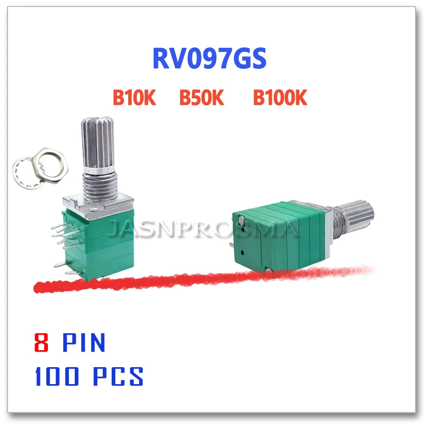 

Потенциометр JASNPROSMA RV097GS, 100 шт., B10K, B50K, B100K, 8 контактов, 10K, 50K, 100K, 15 мм, двойной звук