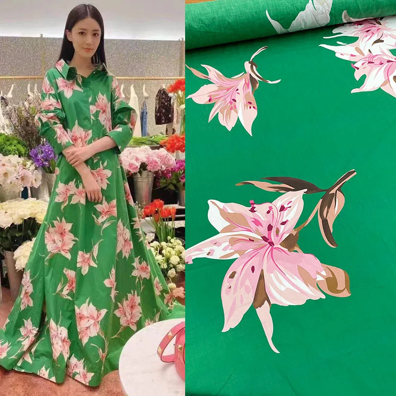 

100% Natural Organic Cotton Poplin Lily Flower Printed Fabric Brand Fashion Clothing Shirt Green Fabrics Cloth for Dress Meter