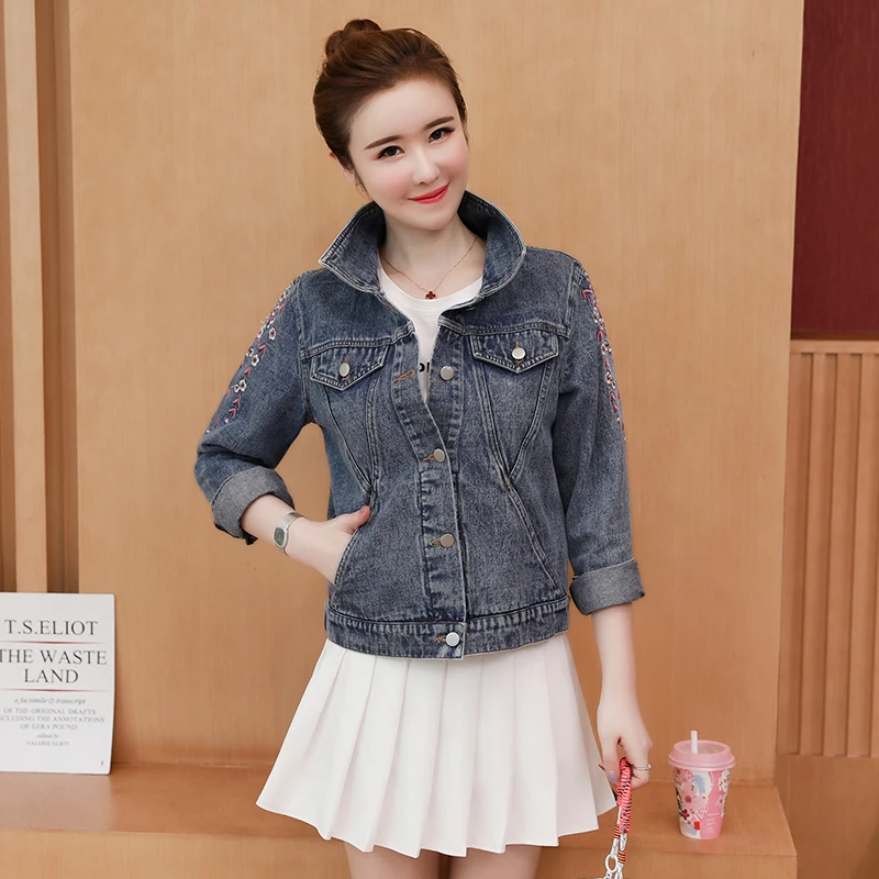 Большие размеры M-4XL модное женское джинсовое пальто весна-осень новая Цветочная