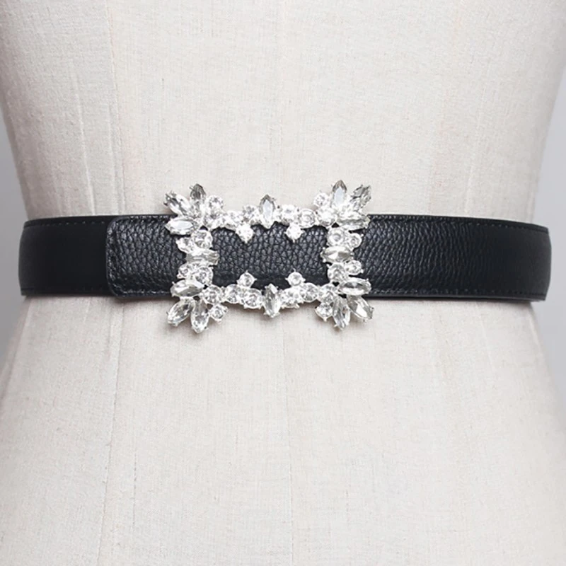 

SeeBeautiful New Fashion Spring 2022 Summer PU Leather Girdle Crystal Rhinestone Irregular Buckle Girdle Long Belts Women U171