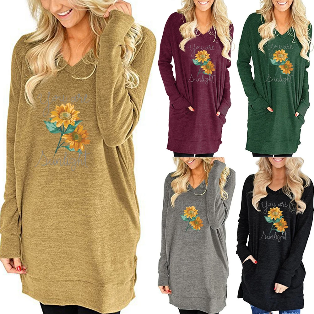 

Pocket t Shirt Women Plus Size T Shirt V-neck Long Sleeve Top Printed Split Casual Autumn womens clothing T-shirt Female