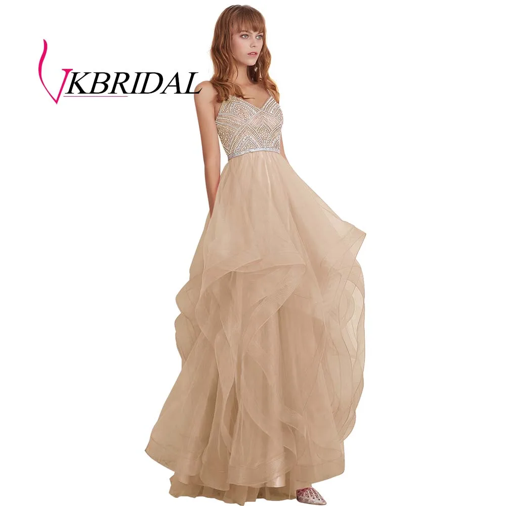 VKBRIDAL красные многоуровневые тюлевые платья для выпускного вечера новые Бальные платья с бисером и кристаллами официальное длинное вечернее платье - Цвет: Шампанское