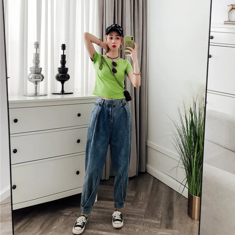 DEAT однотонные с высокой талией складные прямые женские ковбойские девять точек