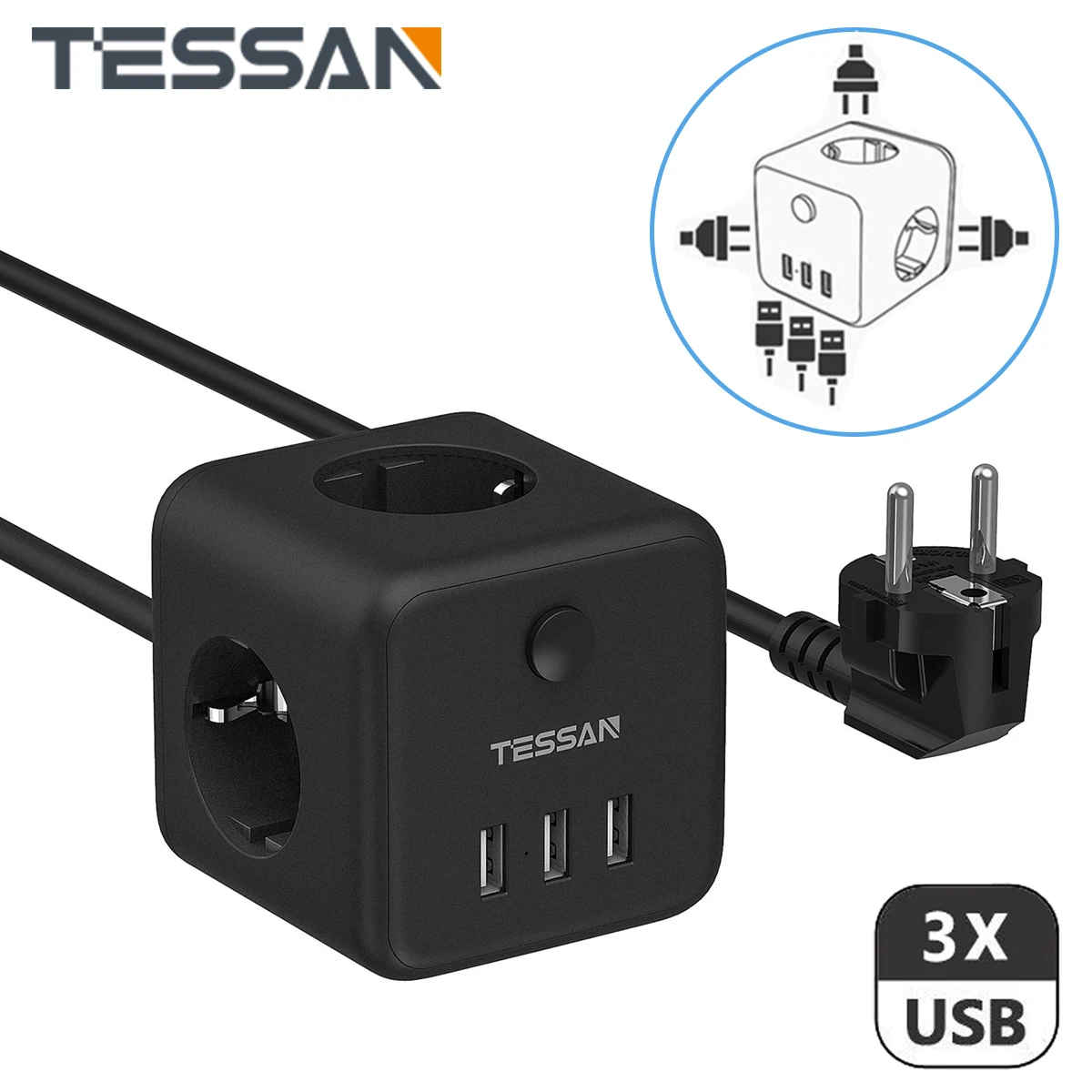 

TESSAN Black Electrical Sockets Power Strip with 3 Outlets 3 USB Ports & ON/OFF Switch EU Extension Socket Adapter, 1.5M Cable