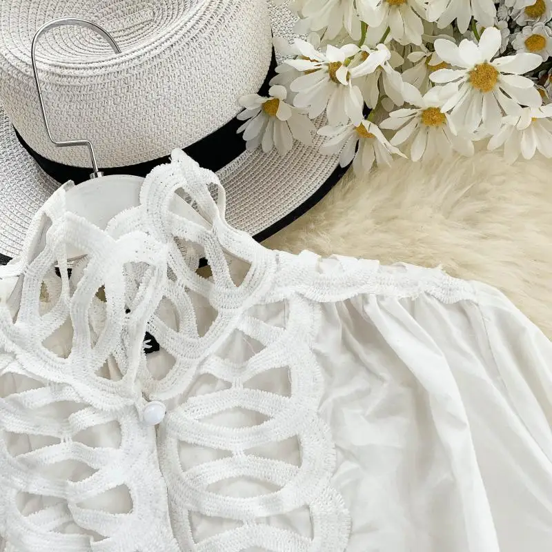 Women Autumn Blouse Shirts Tops 2019 sense small crowd hollow vertical collar lantern sleeve white super-fairy temperament top | Женская