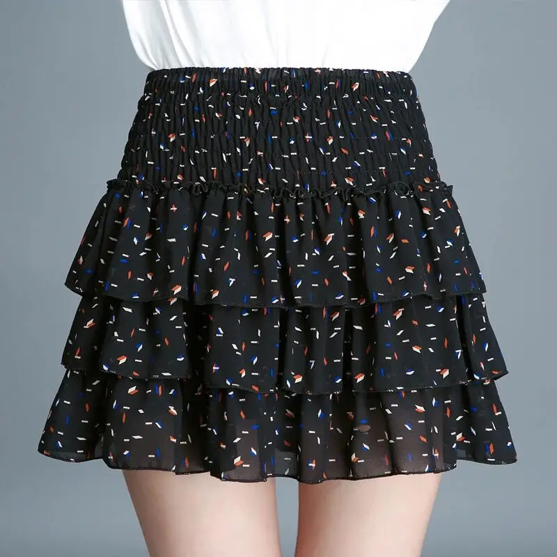 

Summer college style female student mini skirt printed chiffon cake skirt anti-glare small fresh mini skirt woman skirts