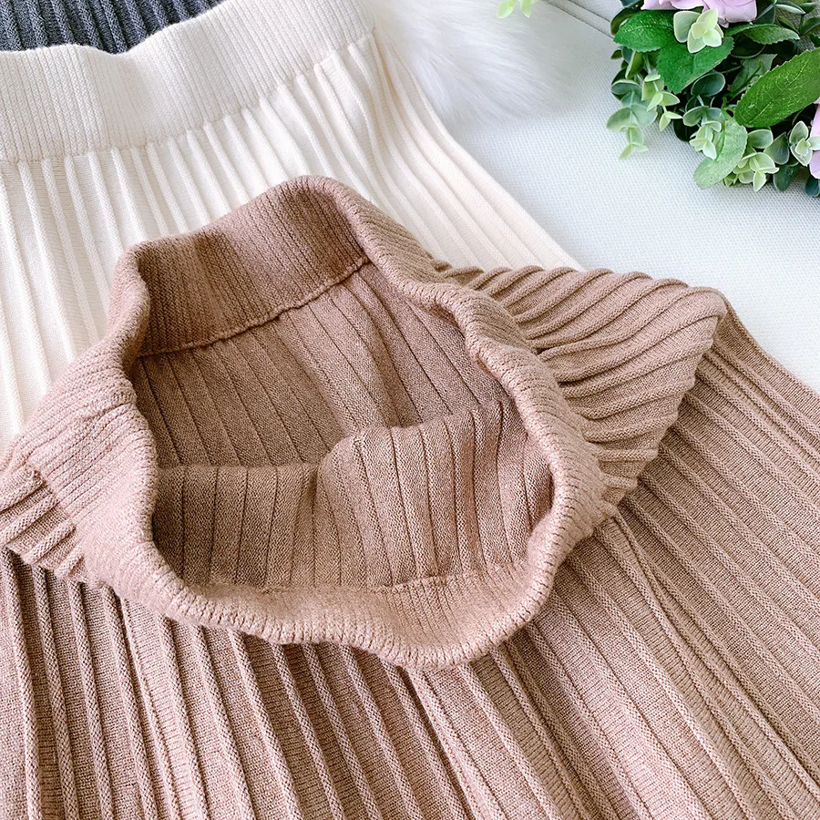 

2021 Women Spring Autumn Skirt WF0172 High Waist Long Skirt Warm A Line Black Khaki Grey Women Knitted Skirt
