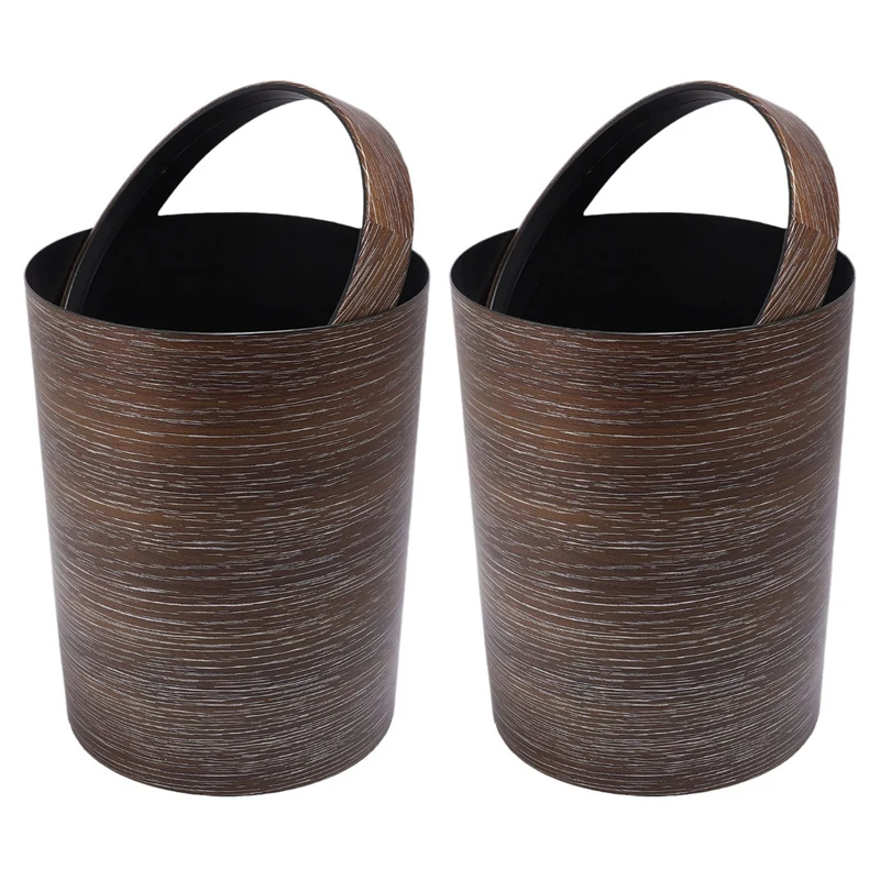 

2X Retro Style Pressing Ring Plastic Trash Can Household Office Mimetic Wood Grain Garbage Bin - Dark Brown