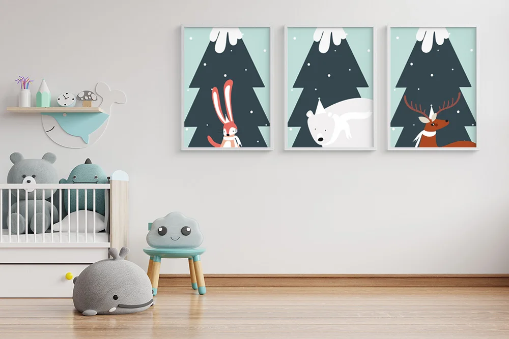Постеры и принты в скандинавском стиле для детской комнаты Зимние Животные лось