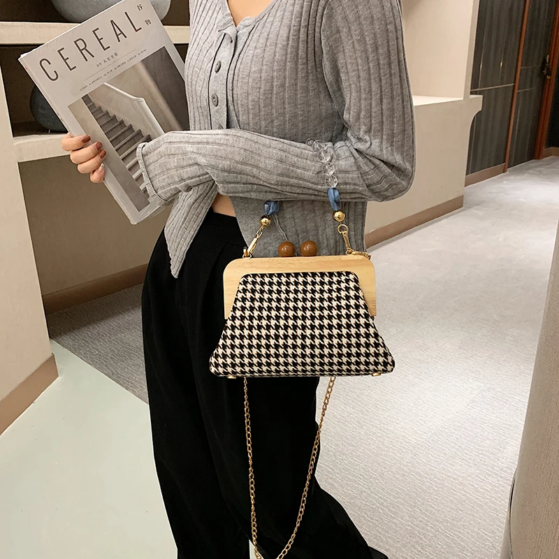 Модные женские кошельки и сумочки Houndstooth в форме ракушки с бисером повседневные