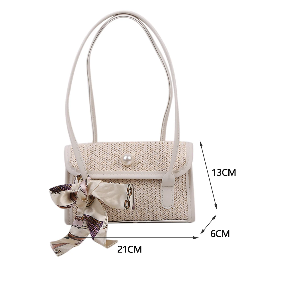 

Handmade Purse Wicker Beach Straw Bag Luxury Handbag Bohemain Women Woven Silk Scarf Underarm Bag Pearl Top-Handle Flap Tote