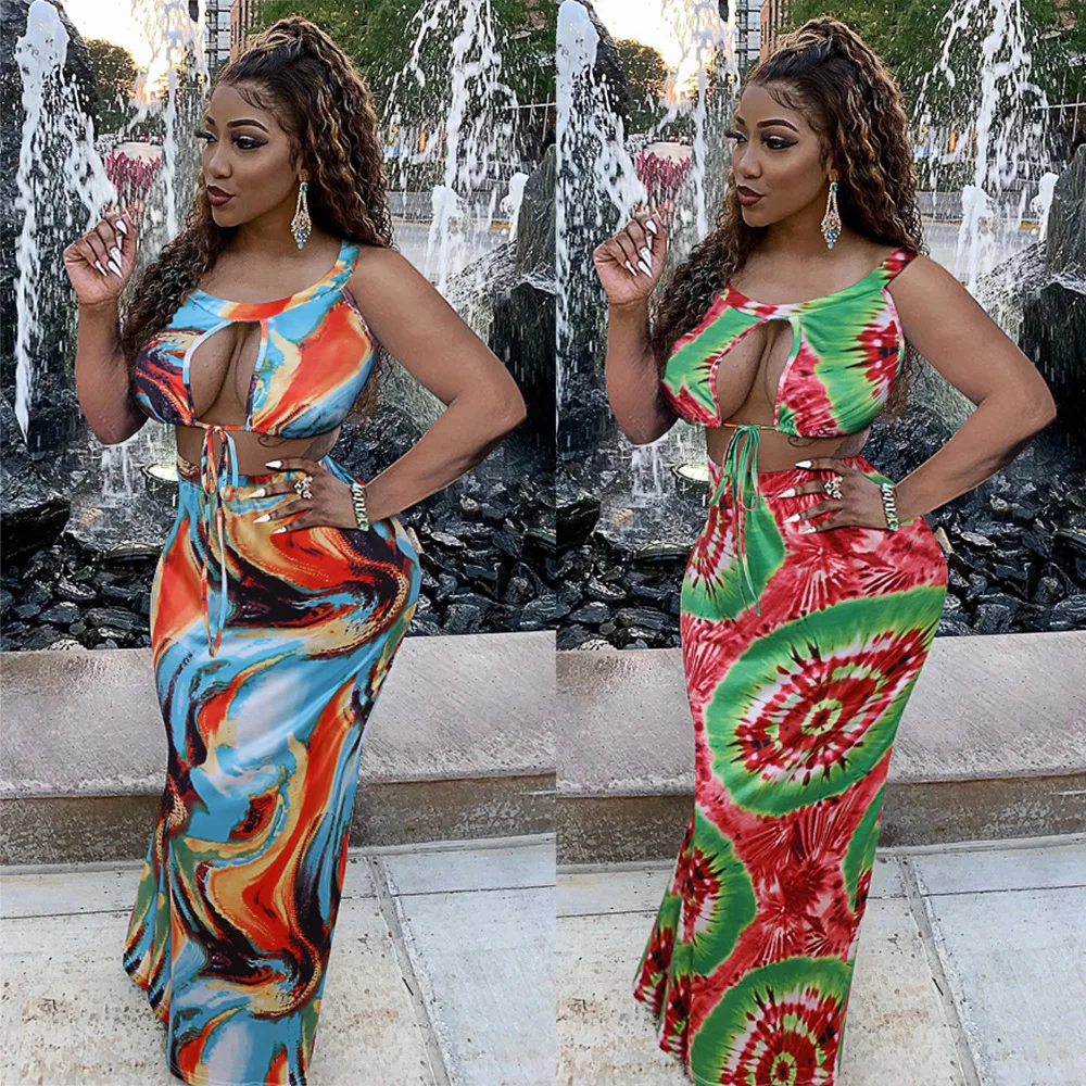 

Женский летний костюм из двух предметов, пикантный жилет с лямкой на шее и вырезами на шнуровке и облегающее платье с принтом, 2020