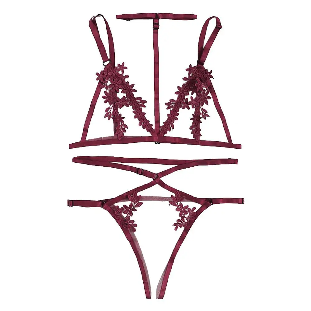 Wine red Сексуальное изысканное кружевное нижнее белье бюстгальтер и трусы с низкой посадкой с подвязками комплект Babydoll с вырезом Нижнее белье Ночное белье подарок для девушки - Цвет: Wine red