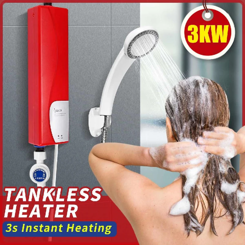 Electric Water Heater Shower Instant 220V 3000W Hot Water Shower Tankless Heater for Bathroom Water Heating EU Plug