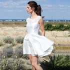 Кружевное Свадебное мини-платье, короткое, белое, ТРАПЕЦИЕВИДНОЕ, с вырезом на спине, 2020