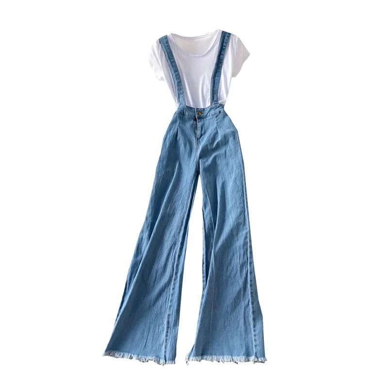 

2021 New Spring Summer Two Piece Set Girls White Short Sleeve T-shirt + High Waist Micro Flared Denim Pants Overalls Trousers