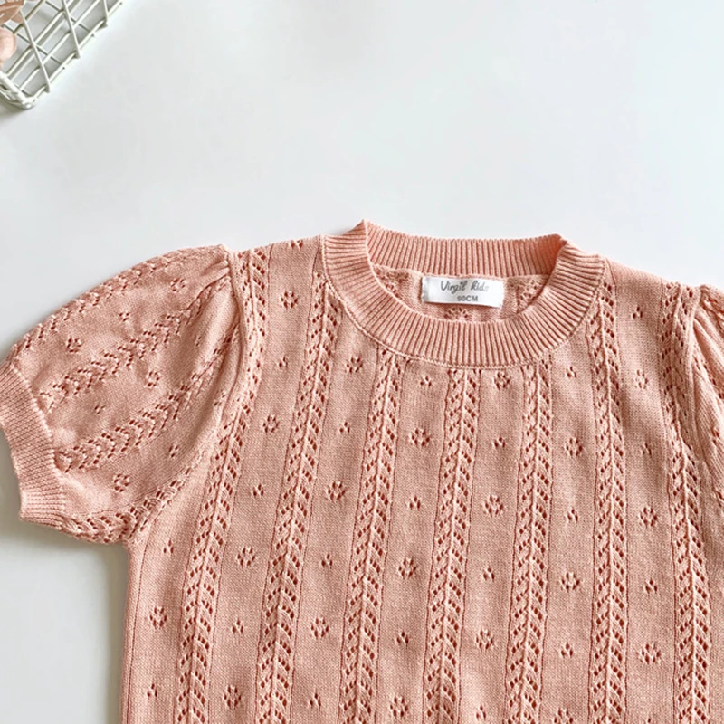 

Summer Baby Girls Pullover Sweater Hollow Knitted Short Sleeve Solid Pullover Tops Kids Causal Knitting Clothing