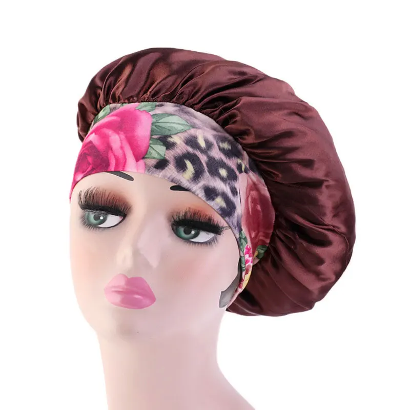 

Floral Printed Satin Silky Bonnet Sleep Cap with Wide Edge Elastic Band For Women Quality Head Wrap Brimmed Nightcap Night Hat