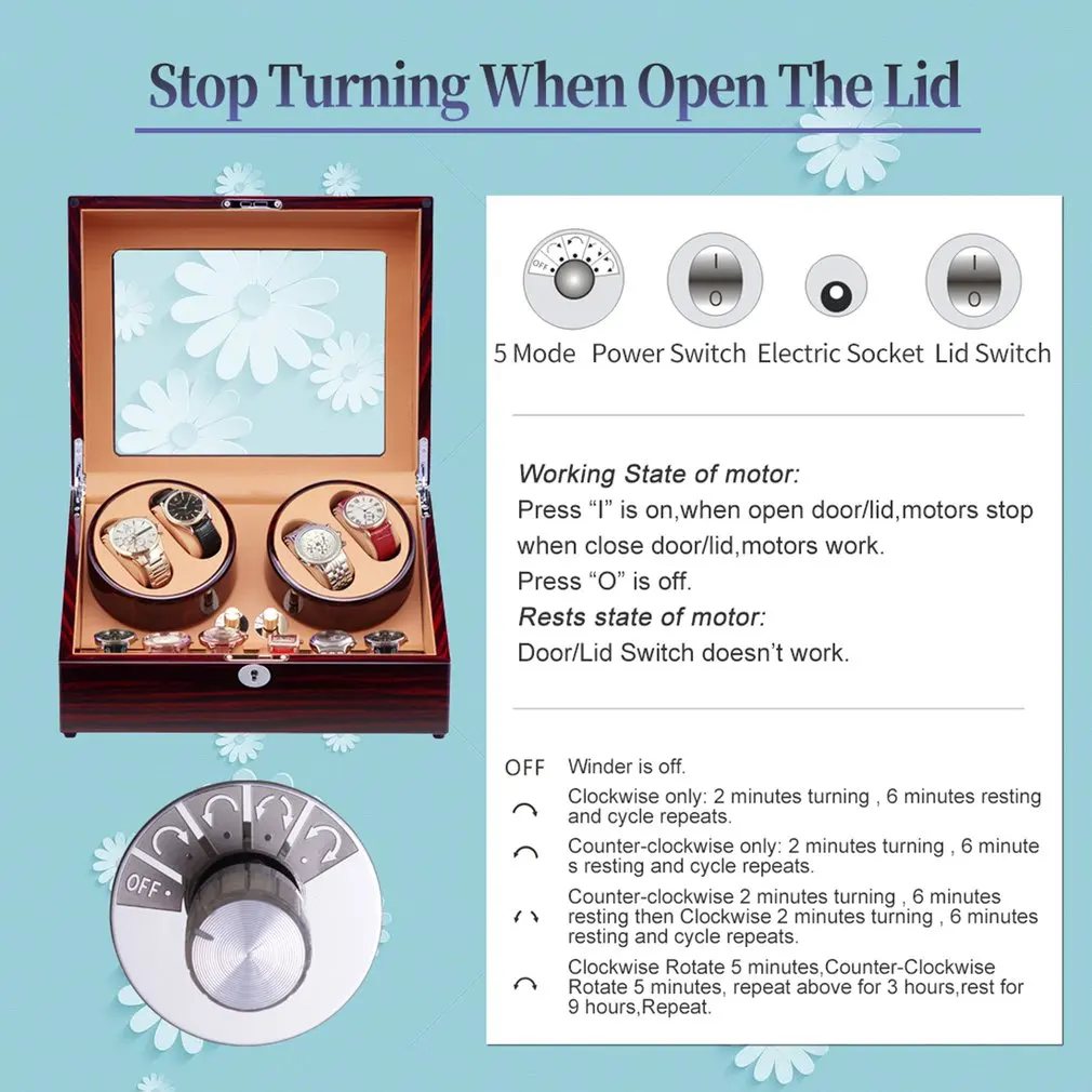 

4 Automatic Black Baking Finish Watch Winder with LED Light 6 Storage Case 10 Modes For Mechanical Watch collectors 2021 new